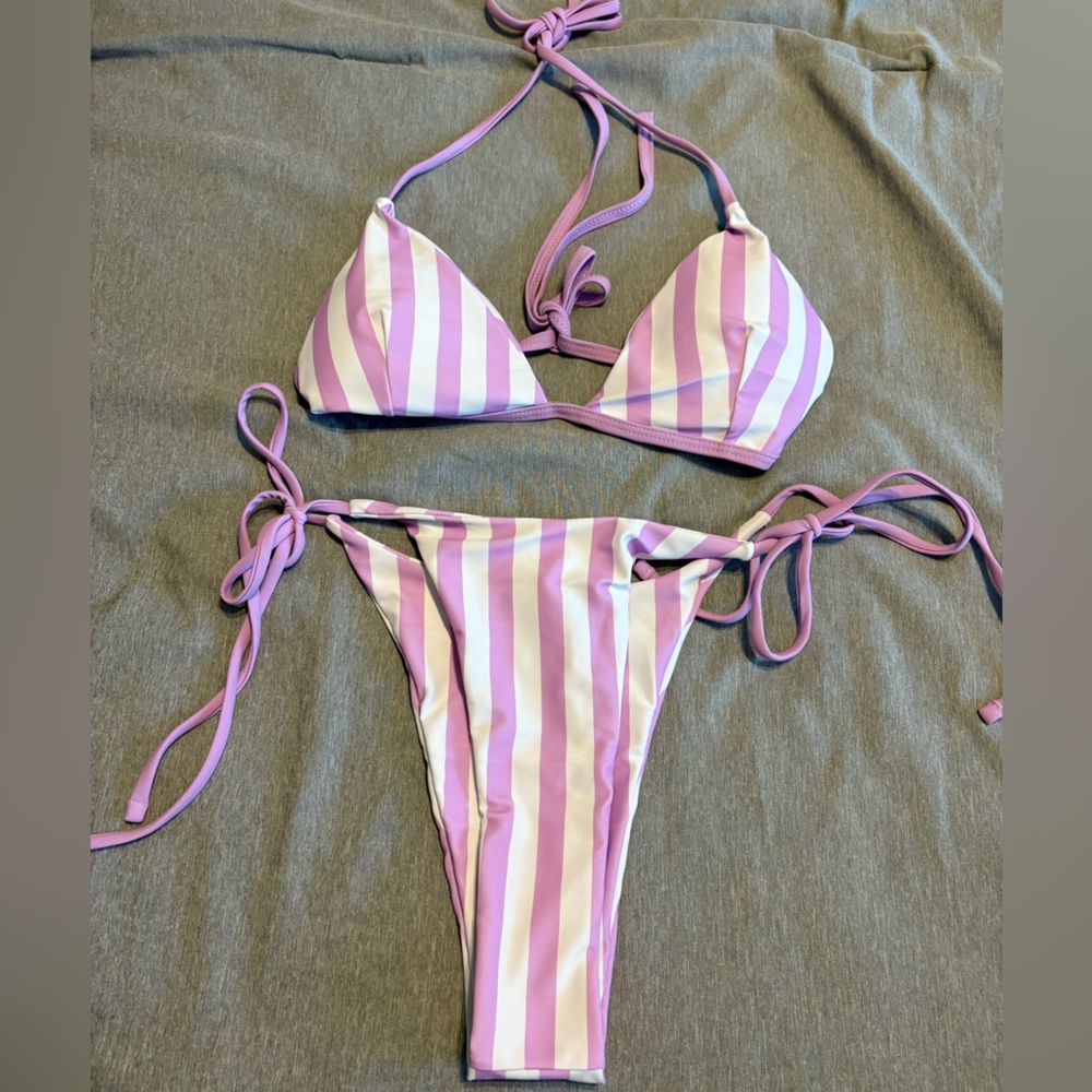 Striped Pink and White Bikini Set